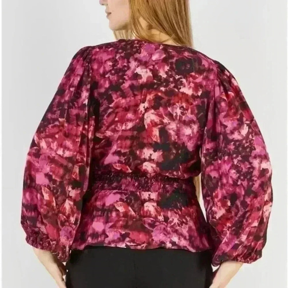 Vince Camuto Womens XSMALL Blouse Pink Smocked Ruffled Balloon 3/4 Sleeve V-neck - Picture 3 of 8